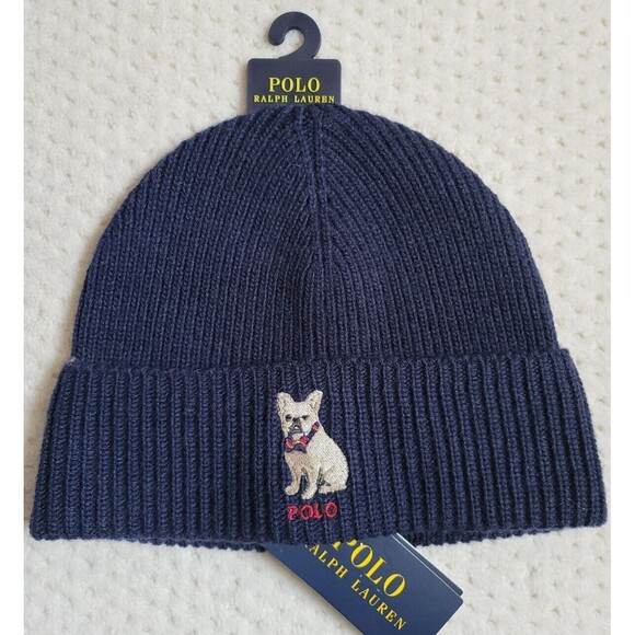 NWT Polo Ralph Lauren FRENCH BULLDOG in a BOWTIE wool blend NAVY BLUE beanie hat